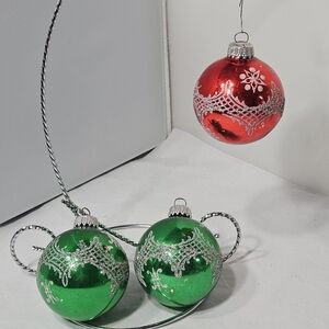 Lot of 3 Vintage Red and Green Glass Ball Christmas Holiday Tree Ornaments